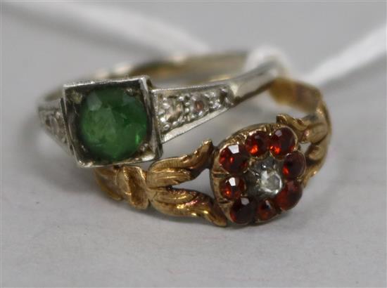 An Art Deco green tourmaline and diamond ring, white metal setting and a yellow metal and gem-set cluster ring.